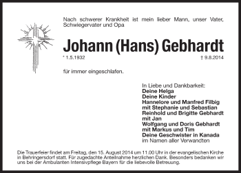 Traueranzeige von Johann  Gebhardt von Pegnitz-Zeitung